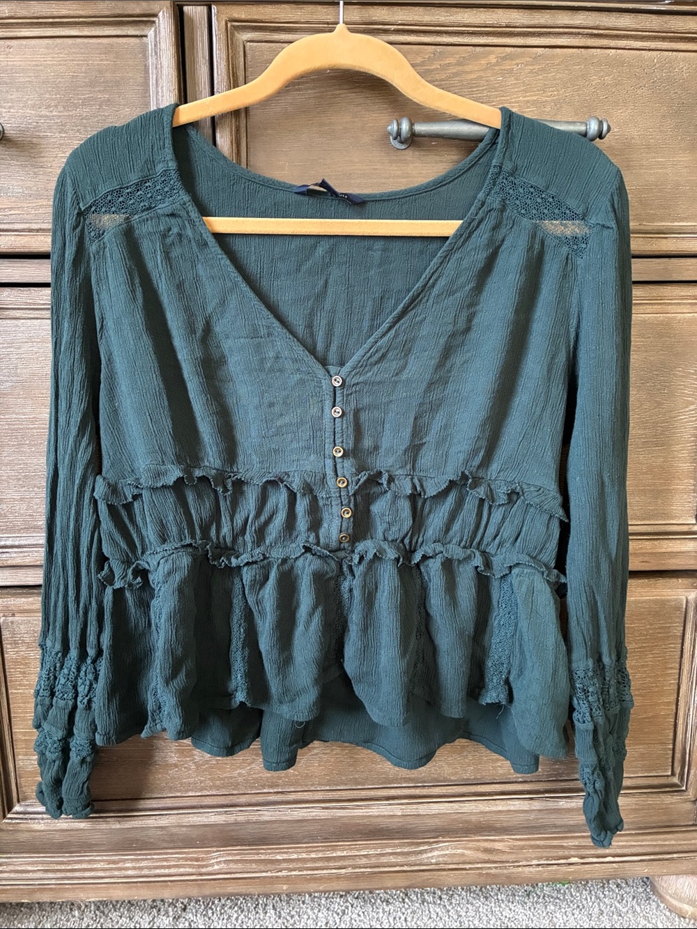 American Eagle Outfitters Dark Greenish/Blue Crinkle Peplum V-Neck Blouse